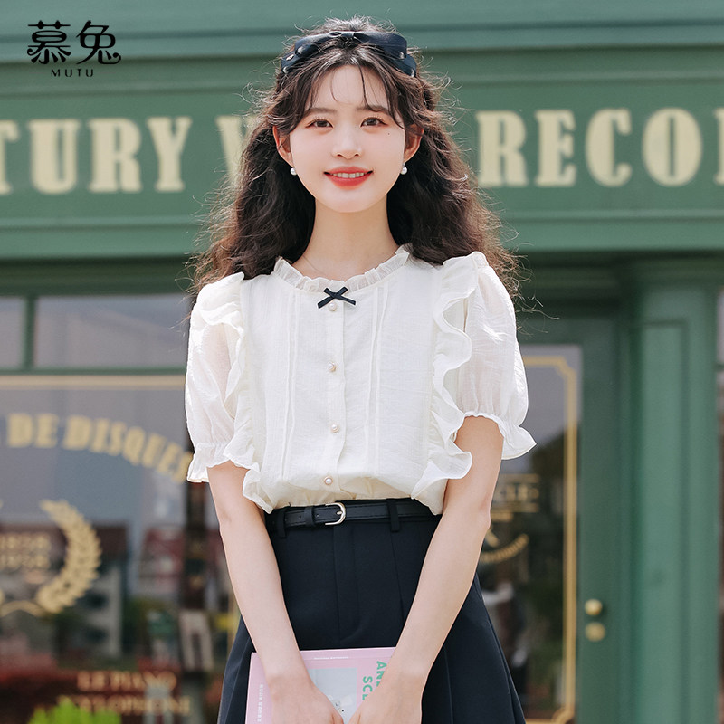 慕兔法式蝴蝶结短袖衬衫