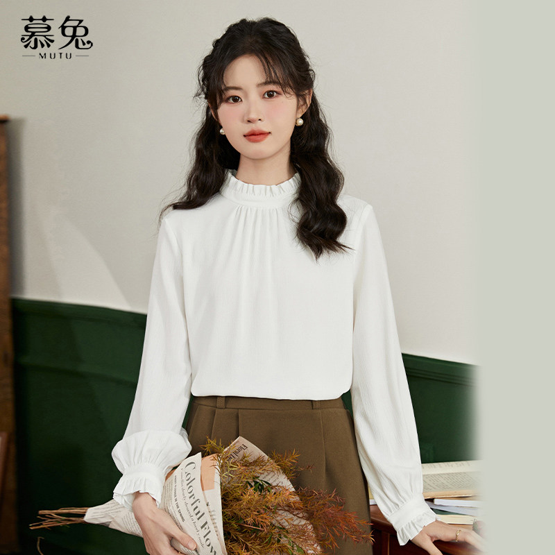 慕兔法式半高领内搭长袖衬衫女2026春季新款设计感小众木耳边上衣,女装/女士精品,衬衫,淘宝优惠券,粉丝福利购,淘宝优惠卷