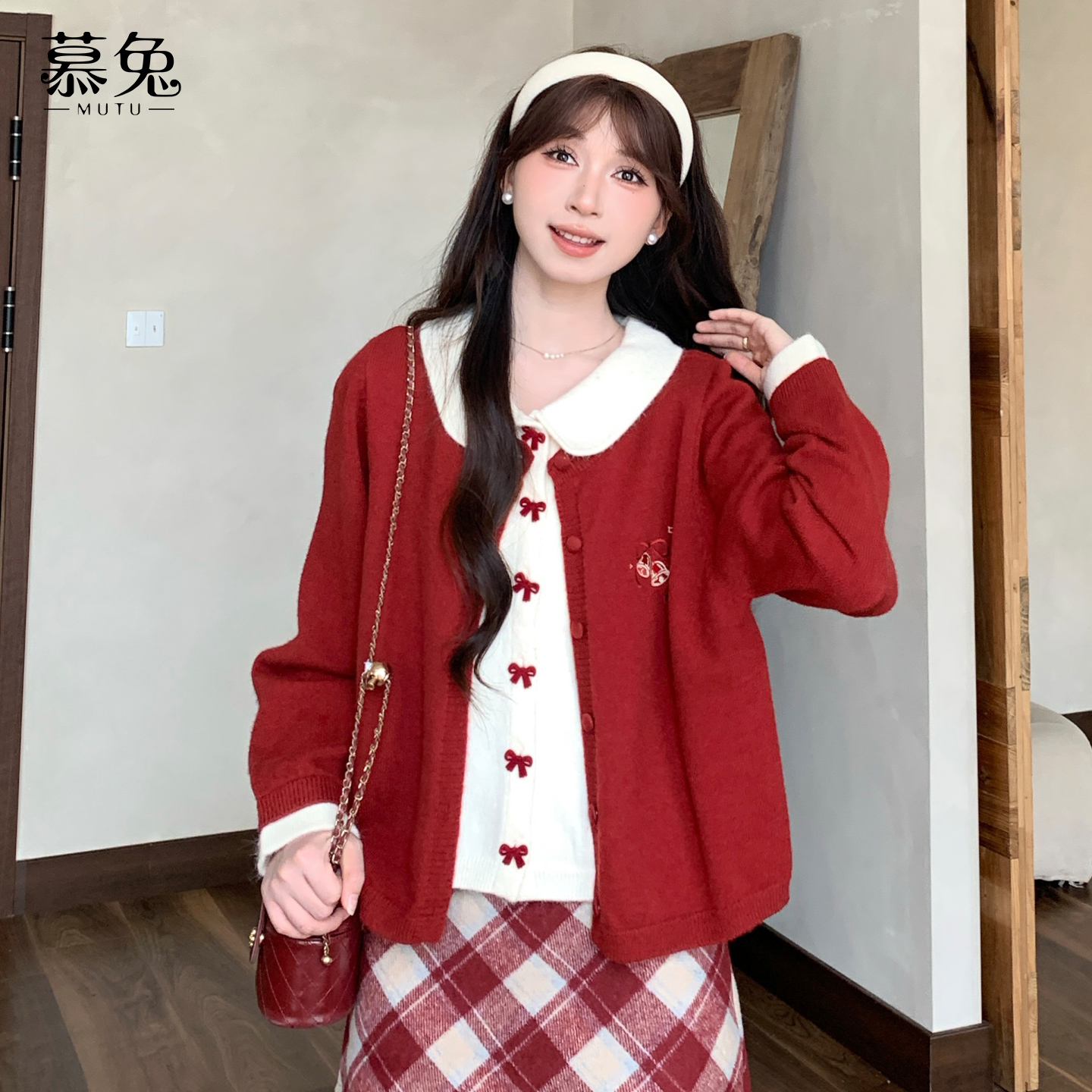 慕兔蝴蝶结假两件针织开衫