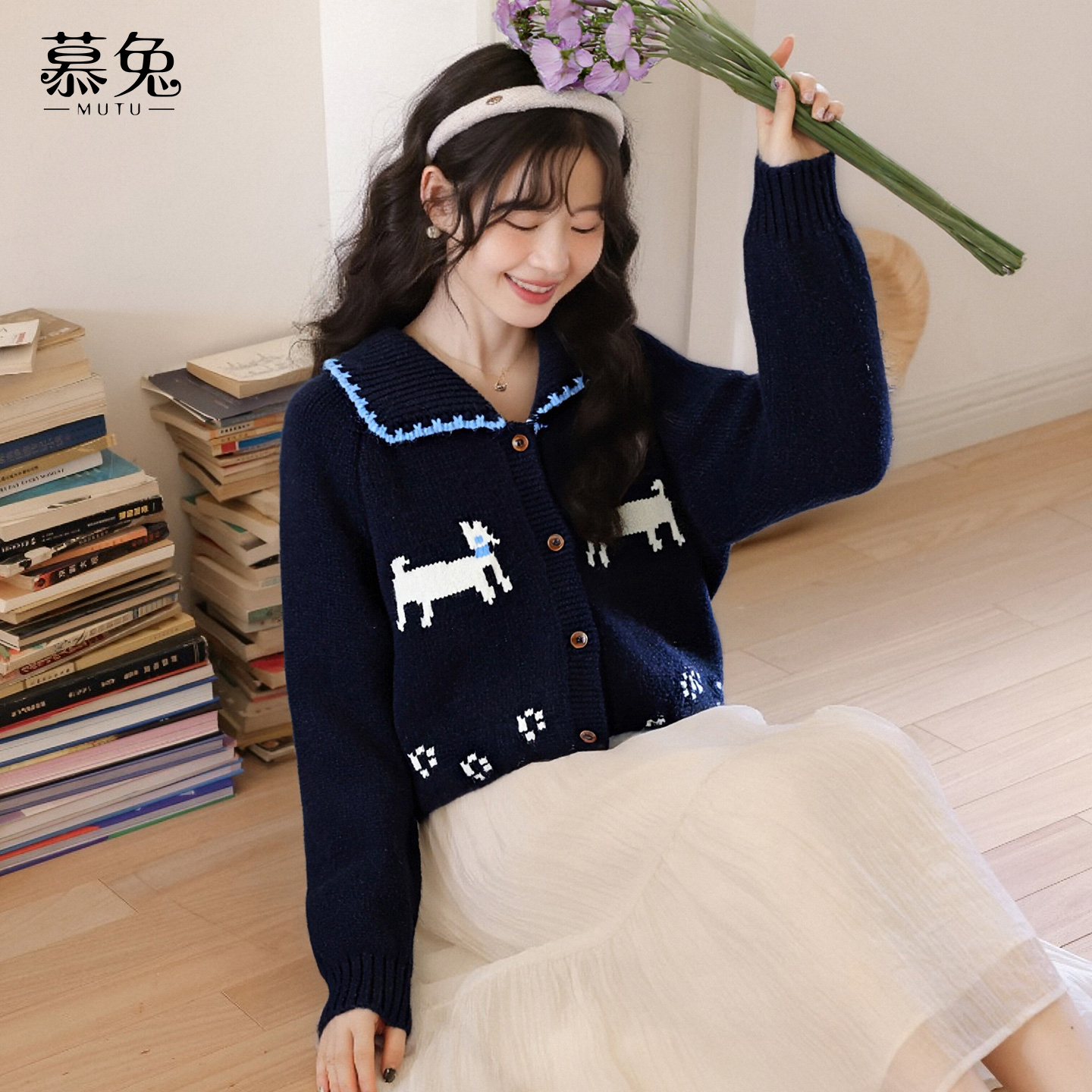 慕兔甜美卡通提花翻领毛衣开衫