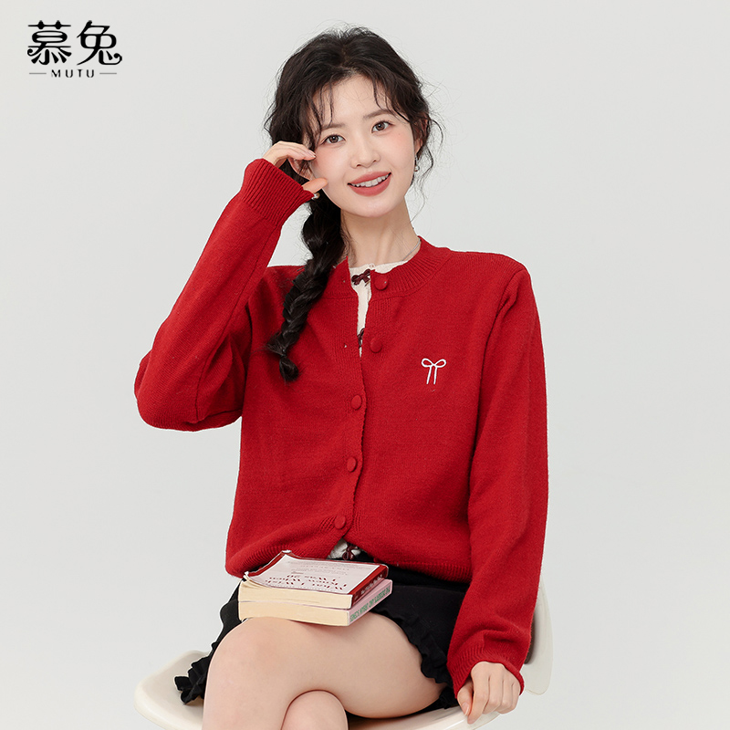 慕兔甜美蝴蝶结假两件针织衫