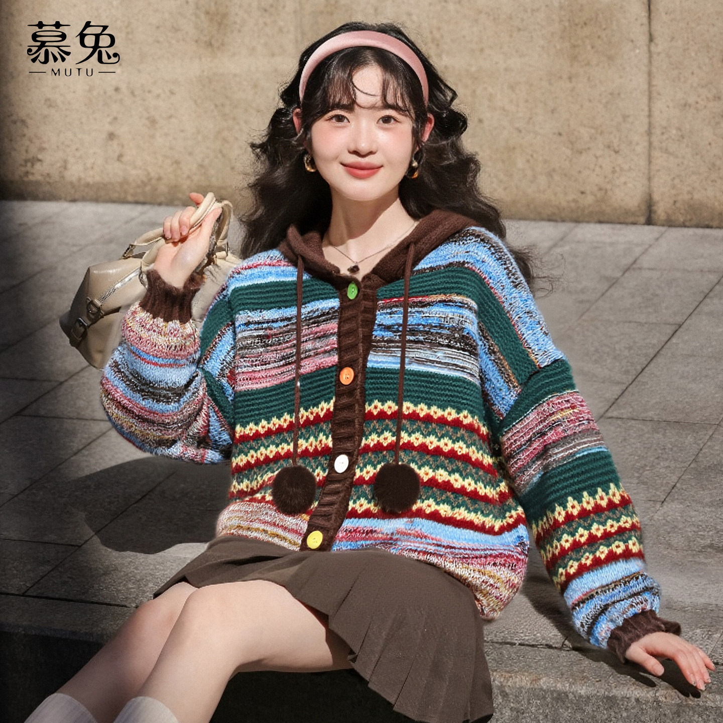 慕兔复古条纹撞色连帽毛衣女2025冬季新款小个子宽松针织开衫上衣,女装/女士精品,毛衣,淘宝优惠券,粉丝福利购,淘宝优惠卷