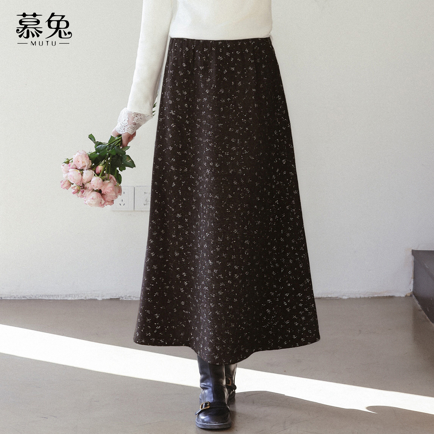 慕兔法式气质碎花毛呢半身裙