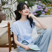 t恤女2025夏新款 慕兔法式 圆领不规则短袖 设计感小众漂亮正肩上衣