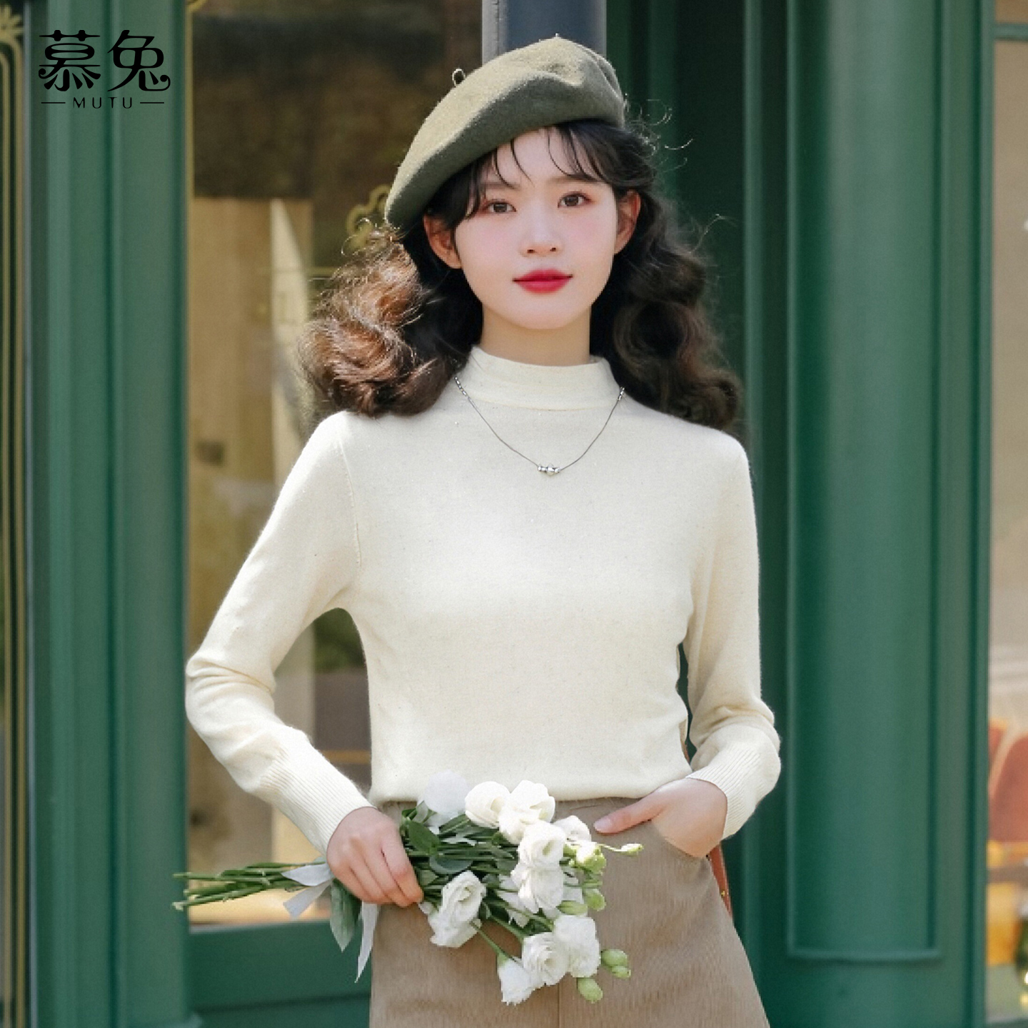 慕兔半高领长袖针织衫上衣