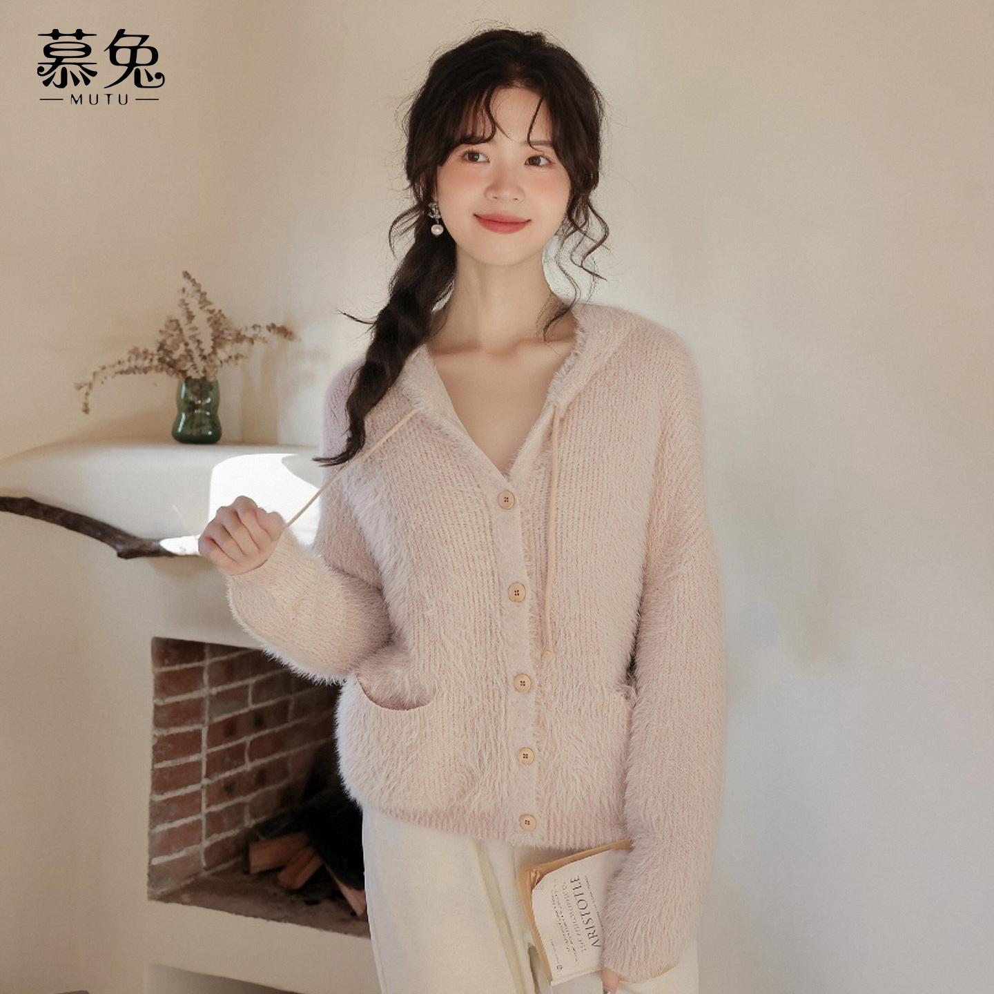 慕兔甜美温柔风粉色连帽毛衣开衫