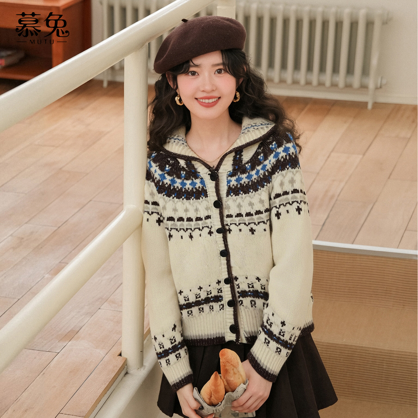 慕兔复古费尔岛连帽毛衣外套