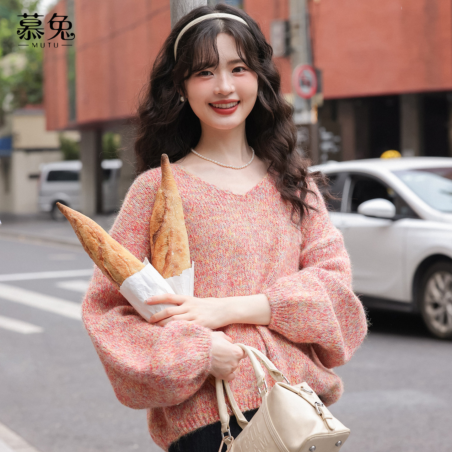 慕兔慵懒风v领长袖套头毛衣