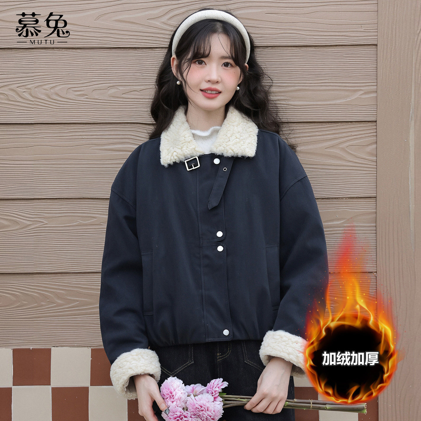 慕兔韩系蓝色立领夹克外套女2025冬季新款小个子宽松仿羊羔毛上衣,女装/女士精品,短外套,淘宝优惠券,粉丝福利购,淘宝优惠卷