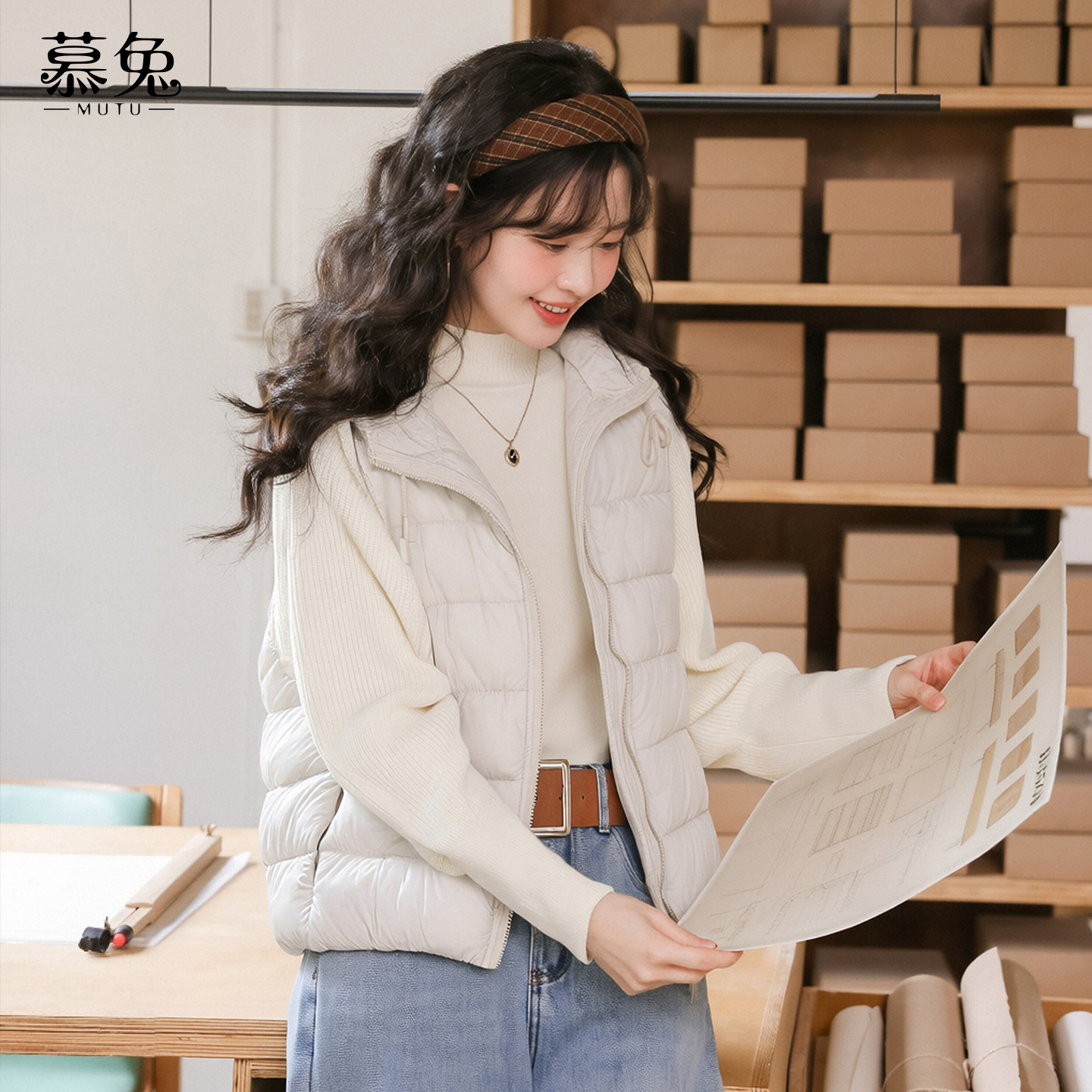 慕兔慵懒风针织拼接连帽棉服外套