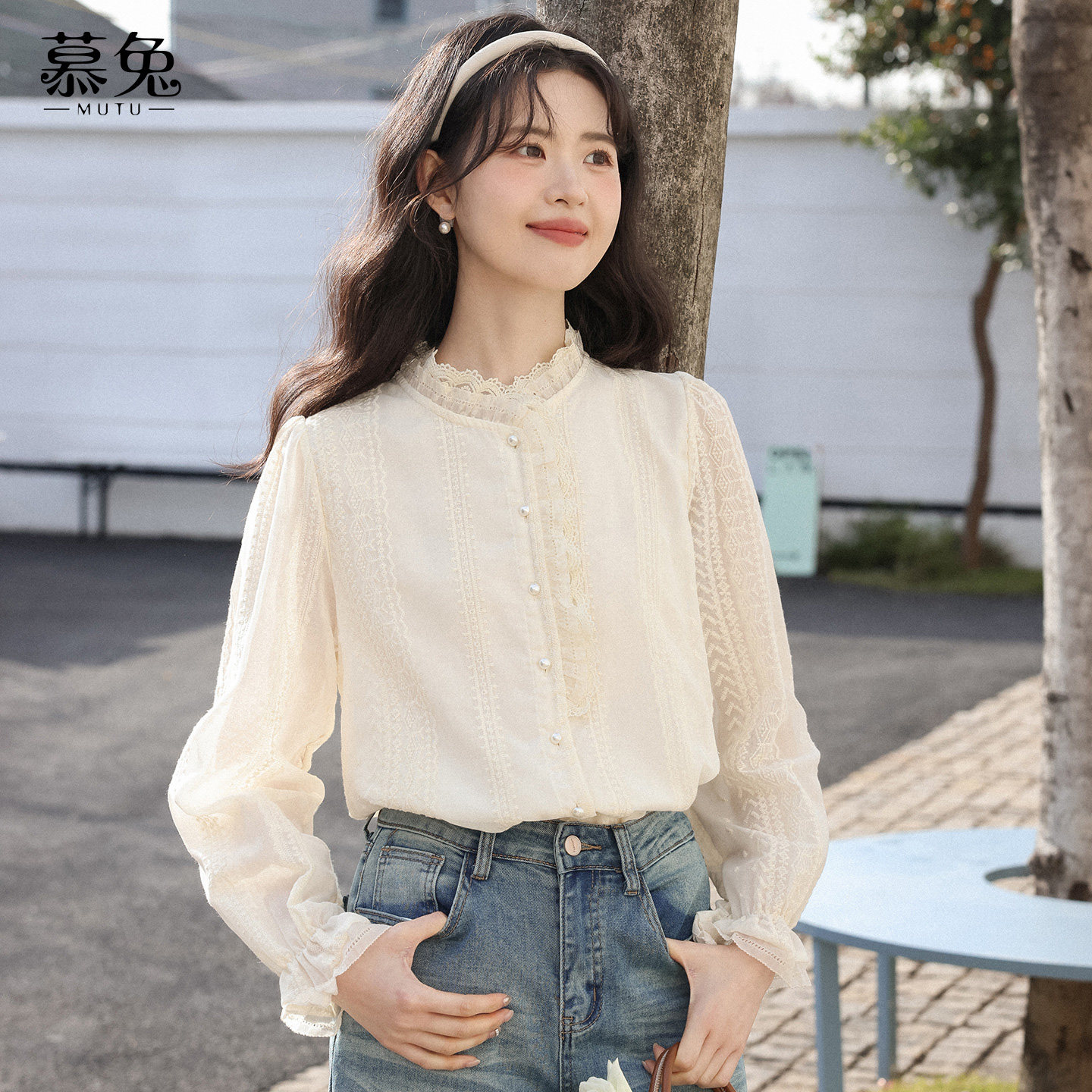 慕兔法式高级感立领蕾丝衬衫女2026春季新款别致漂亮薄款长袖上衣,女装/女士精品,衬衫,淘宝优惠券,粉丝福利购,淘宝优惠卷