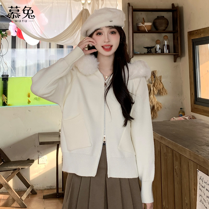 慕兔小个子双拉链连帽毛衣外套