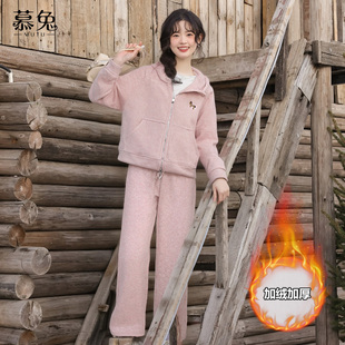 加绒连帽卫衣休闲裤 新款 两件套 女2025冬季 慕兔甜美粉色慵懒风套装