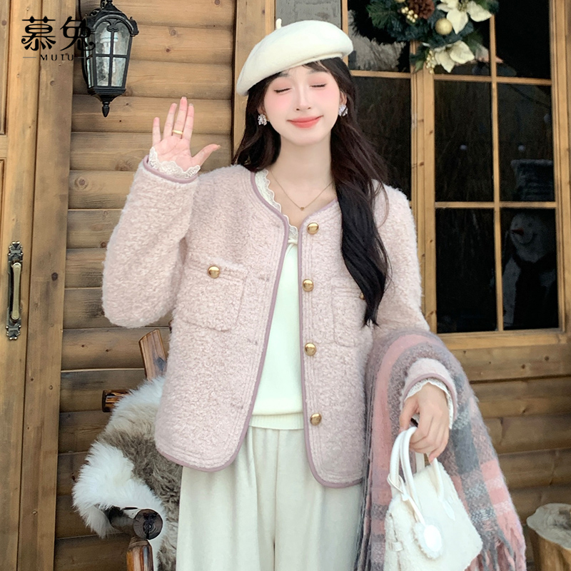 慕兔法式小香风粉色外套