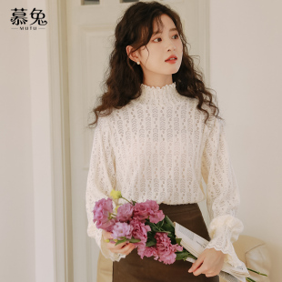 高级感独特别致打底衫 款 上衣女2025秋季 慕兔半高领加绒内搭蕾丝衫