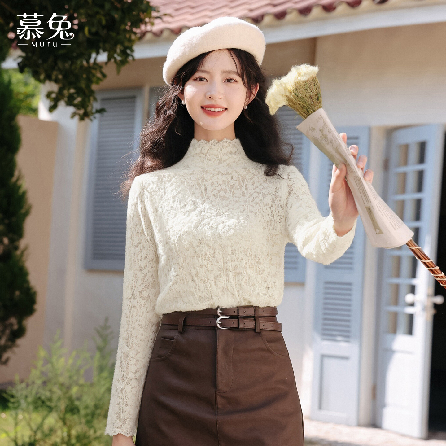 慕兔法式高级感蕾丝打底衫