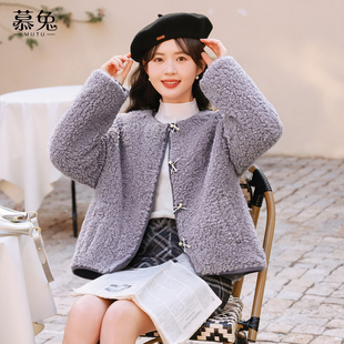 慕兔甜美绿色仿羊羔毛短外套女2025冬季 加厚保暖皮毛一体上衣 新款