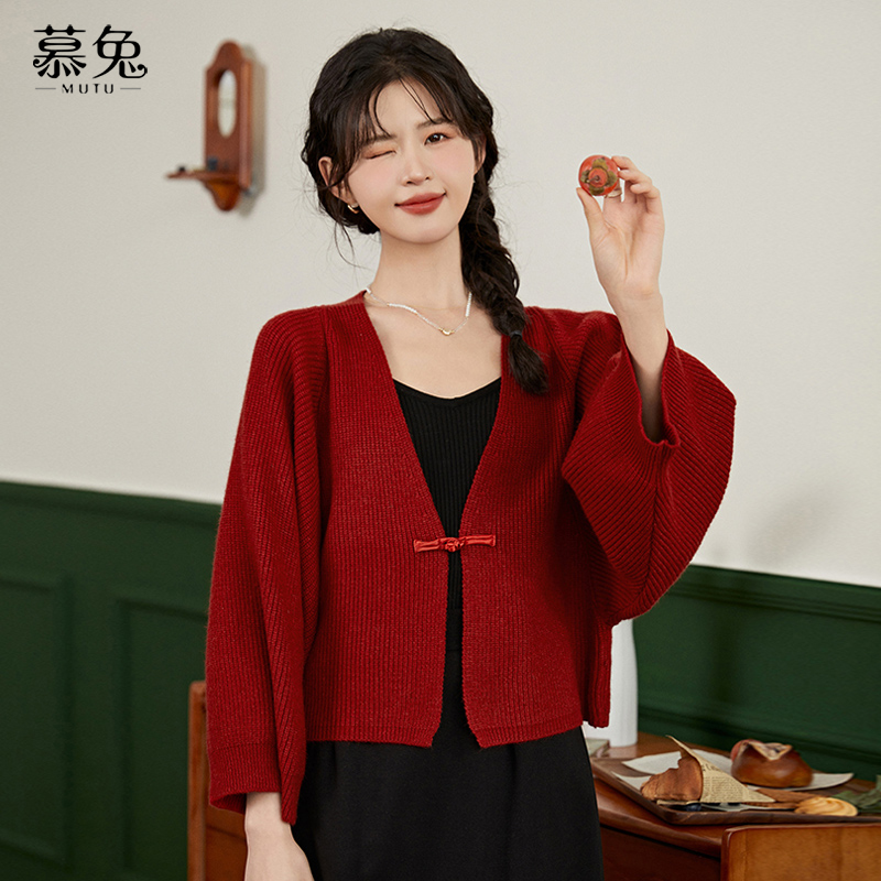 慕兔新中式V领短款针织开衫