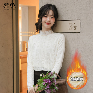 加绒加厚长袖 慕兔法式 新款 女2025冬季 打底上衣 气质半高领蕾丝衬衫