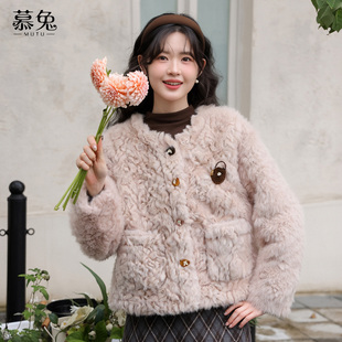 慕兔法式小香风仿羊羔毛外套女2025冬季新款气质加厚保暖粉色上衣