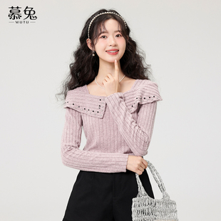 新款 慕兔法式 女2025秋季 针织衫 别致设计感小众上衣 小香风方领长袖