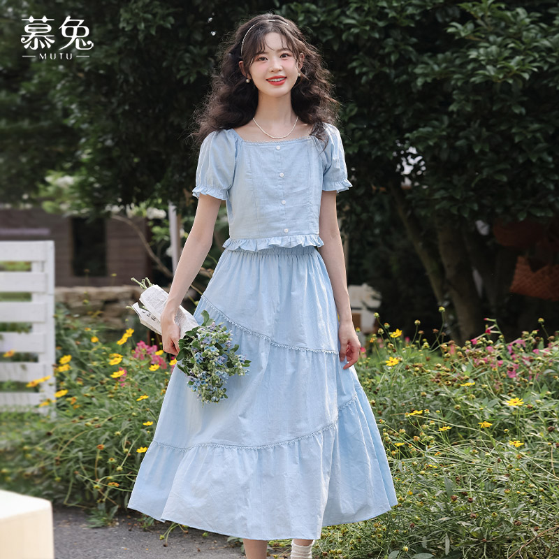 慕兔法式方领衬衫半身裙套装