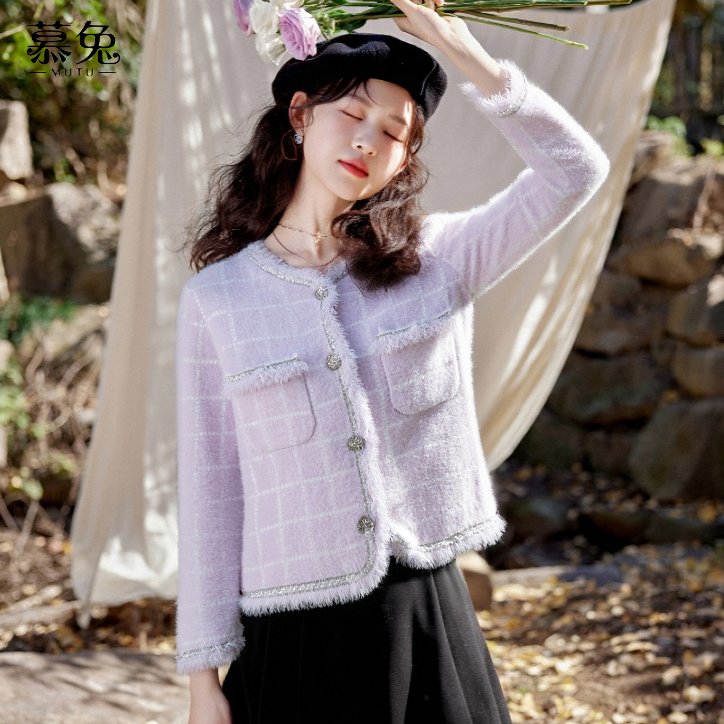 慕兔法式小香风格子毛衣开衫