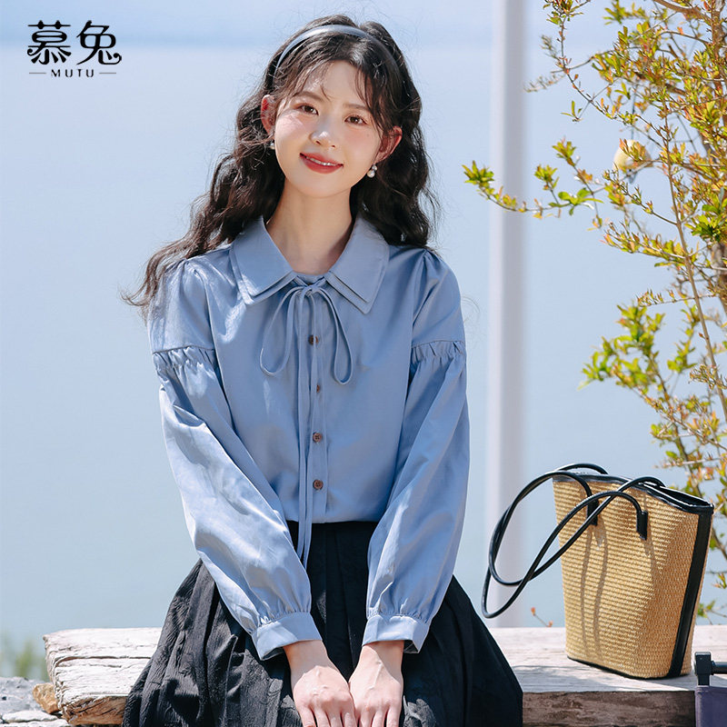 慕兔法式宽松系带长袖衬衫