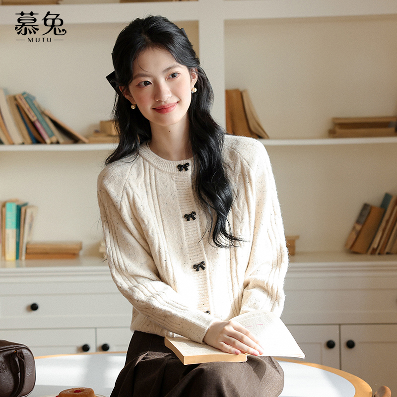 慕兔法式圆领蝴蝶结针织毛衣开衫