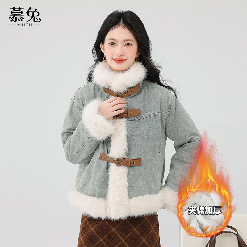 慕兔仿羊羔毛拼接牛仔外套