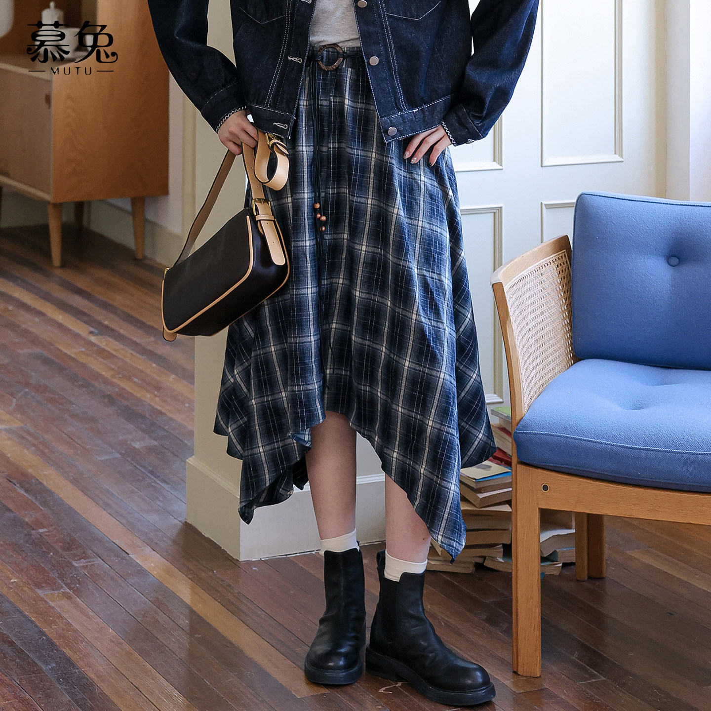 慕兔复古不规则格纹半身裙女2026春季新款设计感小众高腰a字裙子,女装/女士精品,半身裙,淘宝优惠券,粉丝福利购,淘宝优惠卷