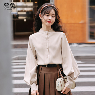 新款 慕兔高级感法式 女2025秋季 衬衫 设计感小众宽松上衣 复古灯笼袖