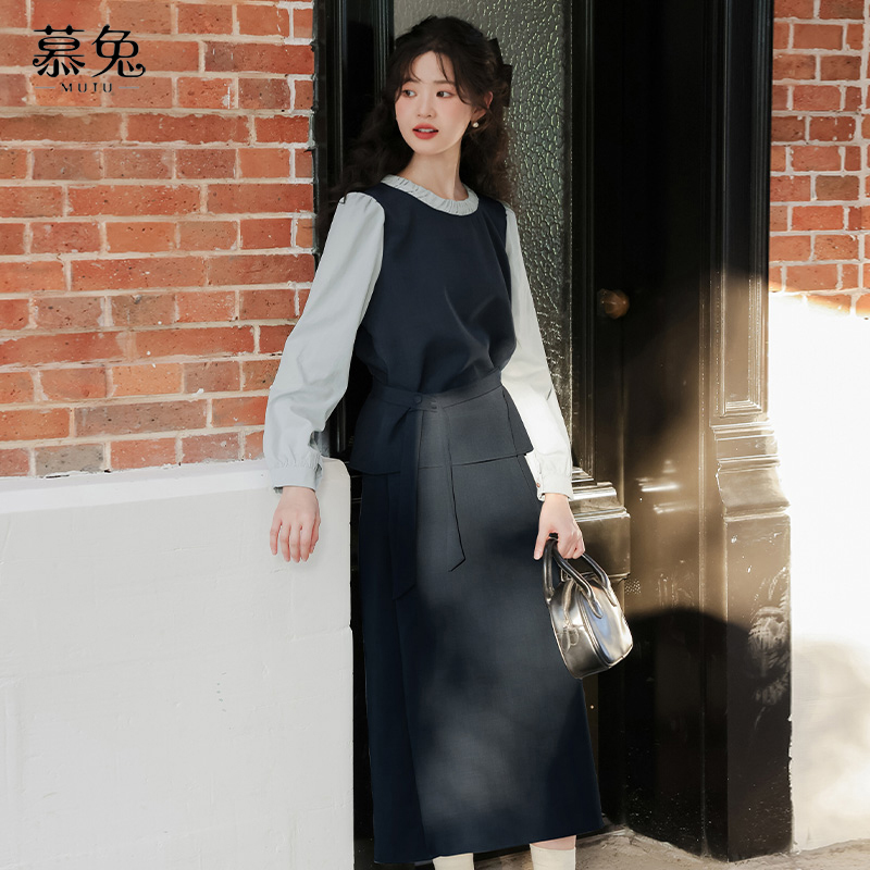 慕兔假两件衬衫半身裙套装