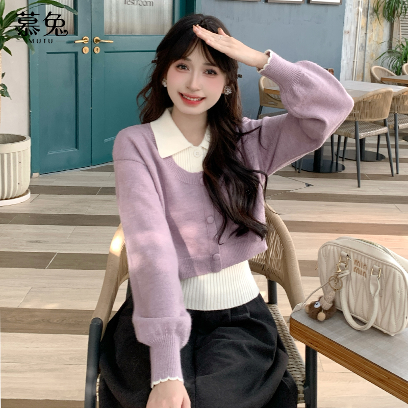 慕兔polo领背心针织开衫套装