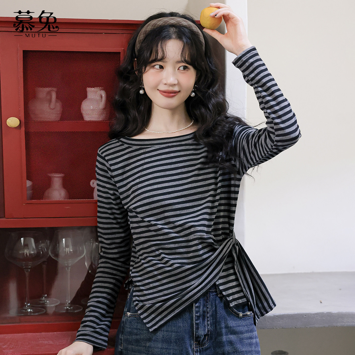 慕兔小个子条纹不规则长袖t恤