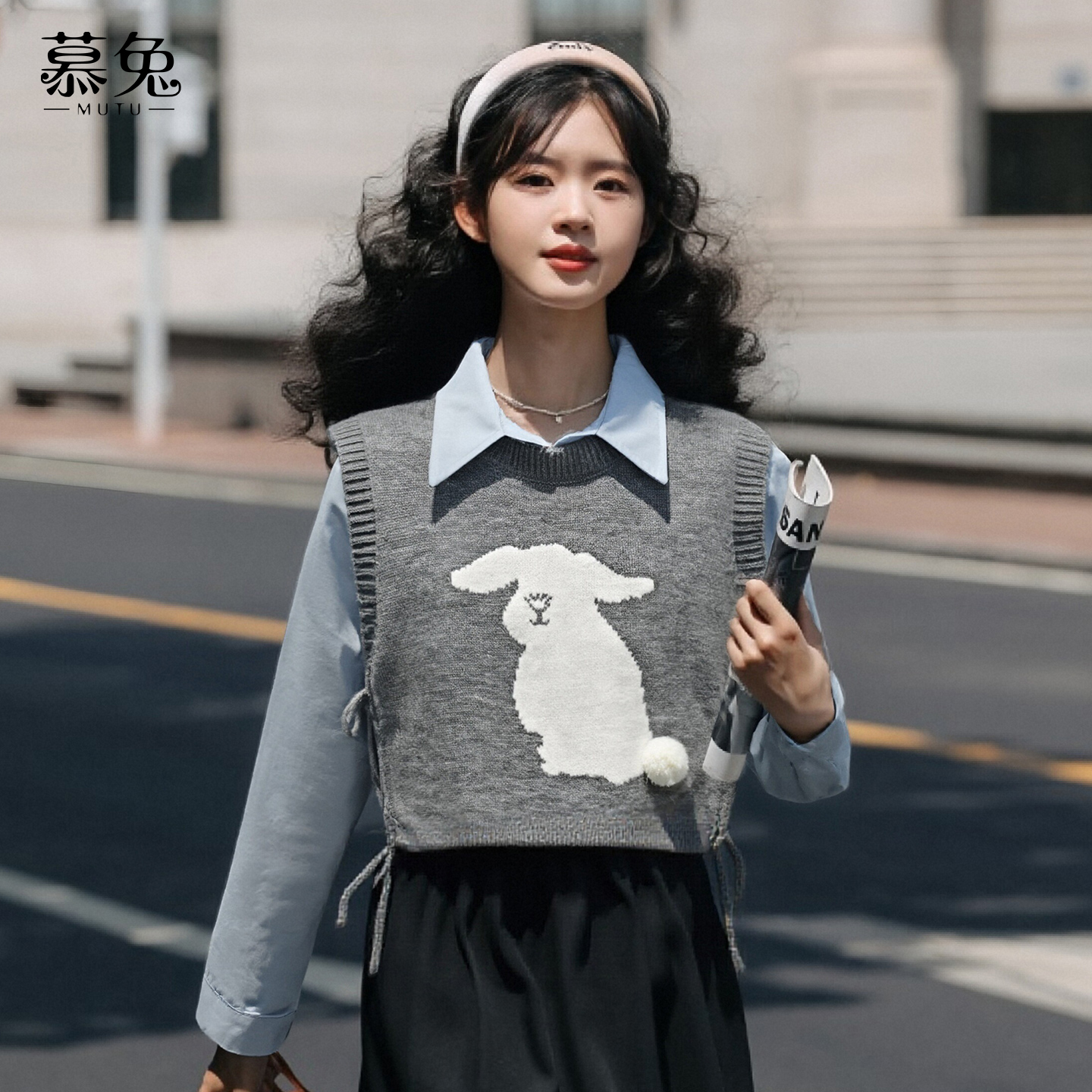 慕兔长袖衬衫叠穿针织马甲套装