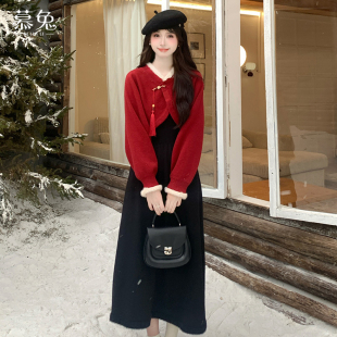针织毛衣罩衫 慕兔新中式 新款 女2025冬季 吊带连衣裙两件套 国风套装