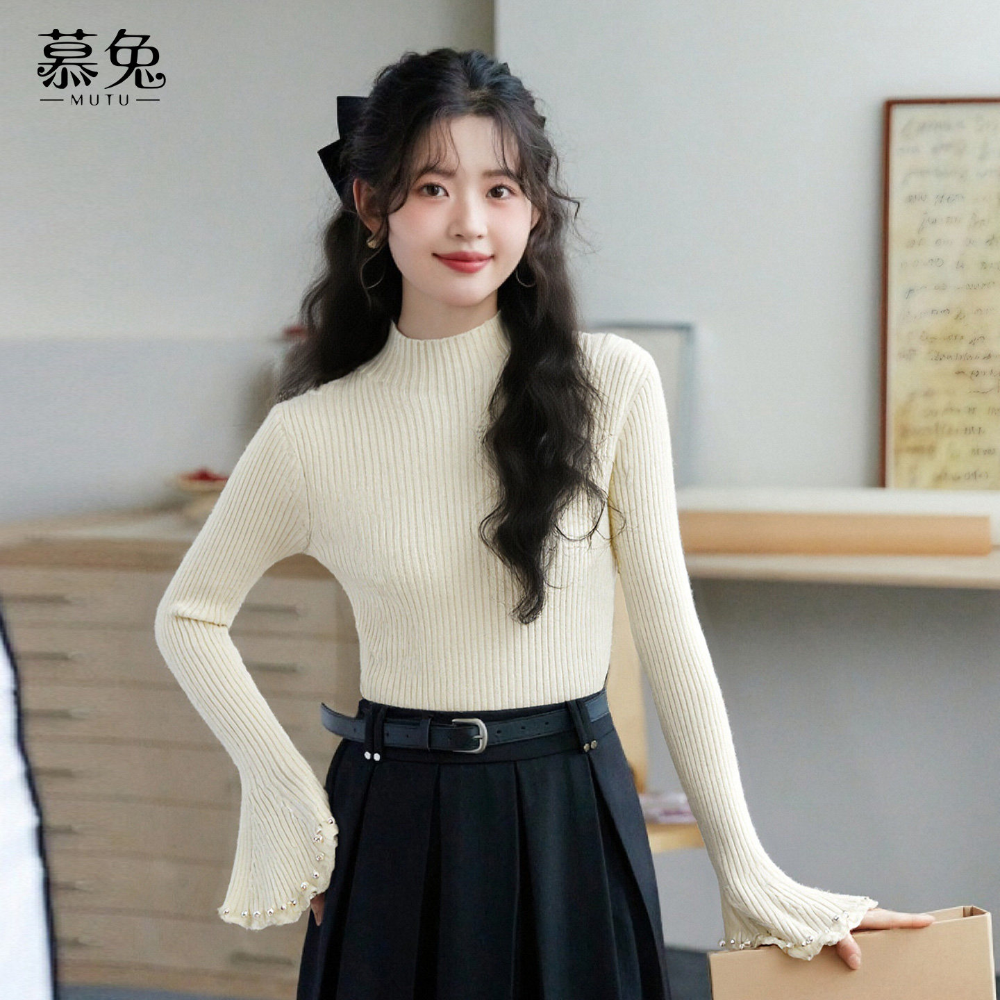 慕兔法式半高领长袖针织衫女2025冬季新款修身打底衫温柔内搭上衣,女装/女士精品,毛针织衫,淘宝优惠券,粉丝福利购,淘宝优惠卷