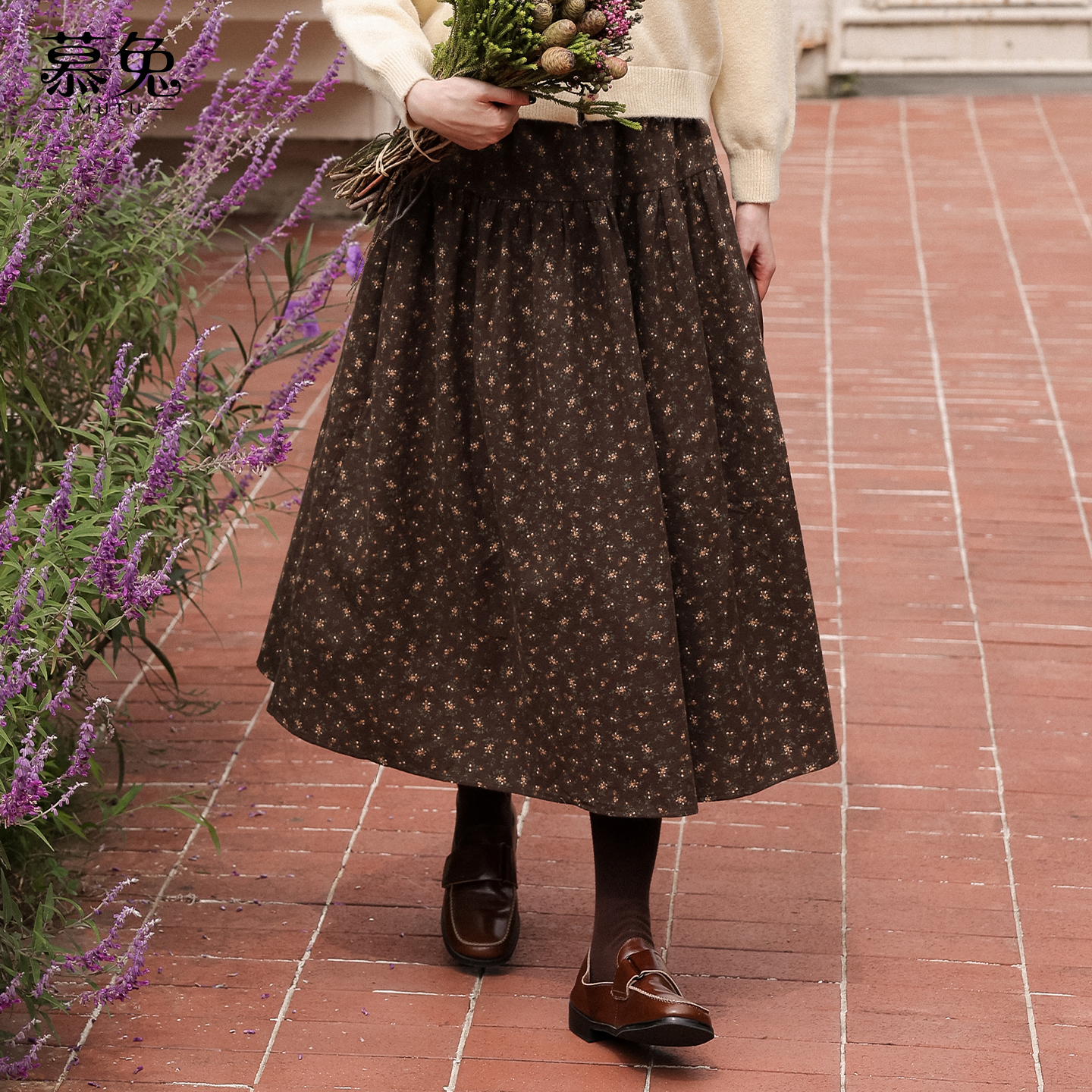 慕兔复古田园风碎花半身裙