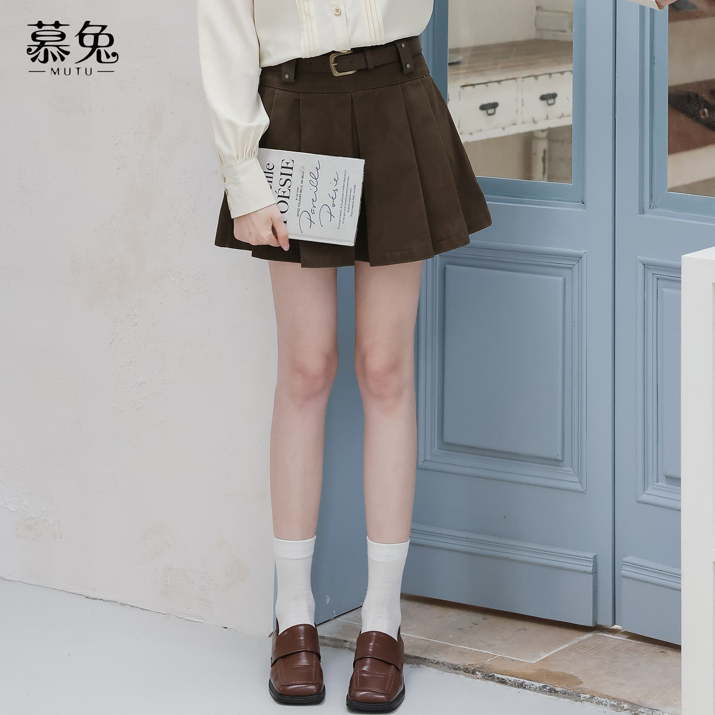 慕兔复古牛仔百褶半身裙