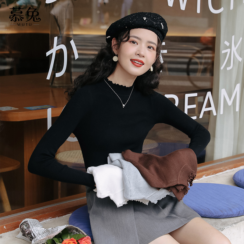 修身显瘦黑色新款荷叶边针织衫