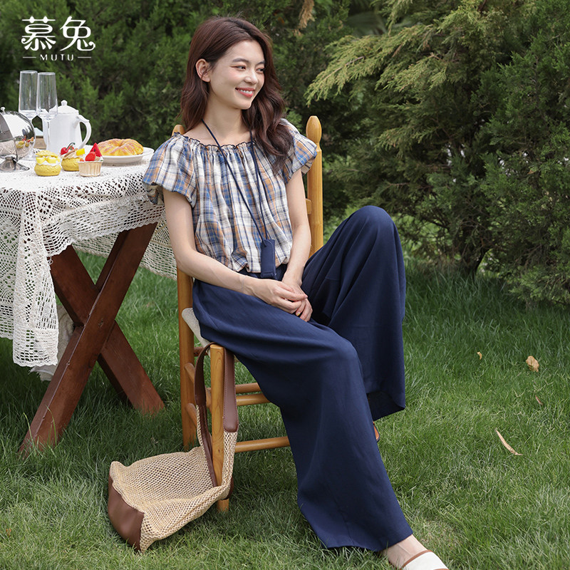 慕兔复古格子衬衫显瘦阔腿裤两件套女2025夏季新款高级感时尚套装