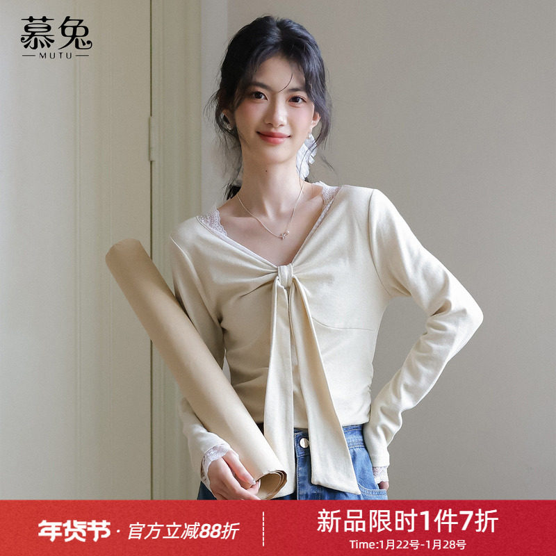 慕兔韩系蕾丝拼接长袖t恤女2026春季新款别致小个子修身显瘦上衣,女装/女士精品,T恤,淘宝优惠券,粉丝福利购,淘宝优惠卷
