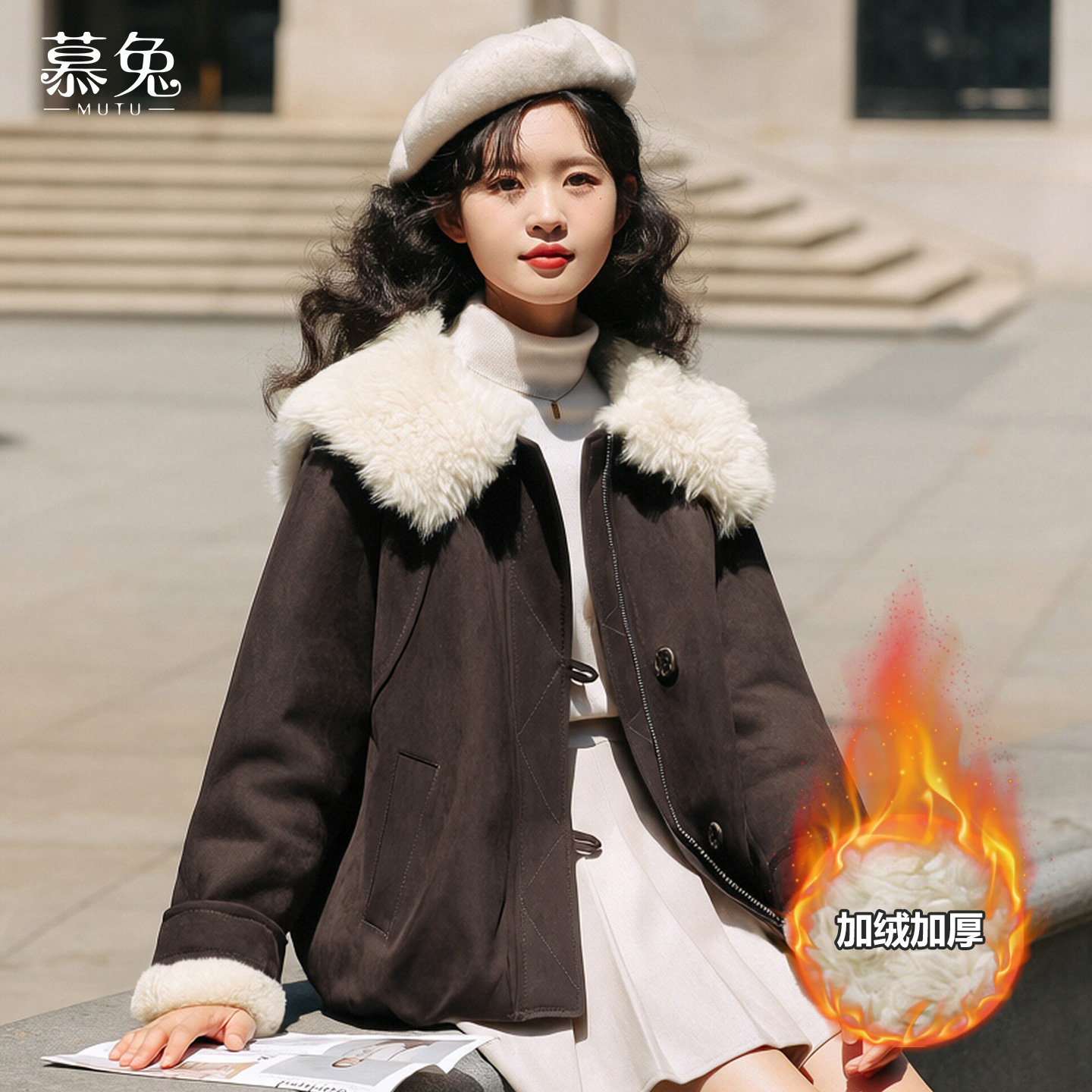 慕兔复古咖色大翻领外套女2025冬季新款加绒加厚宽松休闲夹克上衣,女装/女士精品,短外套,淘宝优惠券,粉丝福利购,淘宝优惠卷