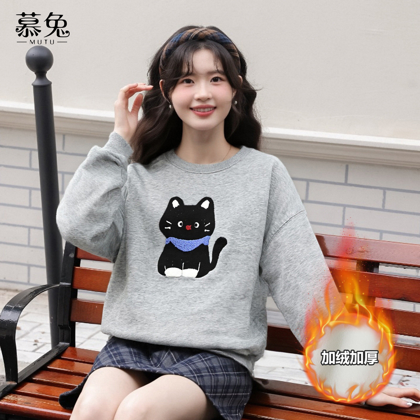 慕兔韩系灰色卡通小猫卫衣女2025冬季新款小个子加绒加厚休闲上衣,女装/女士精品,卫衣/绒衫,淘宝优惠券,粉丝福利购,淘宝优惠卷