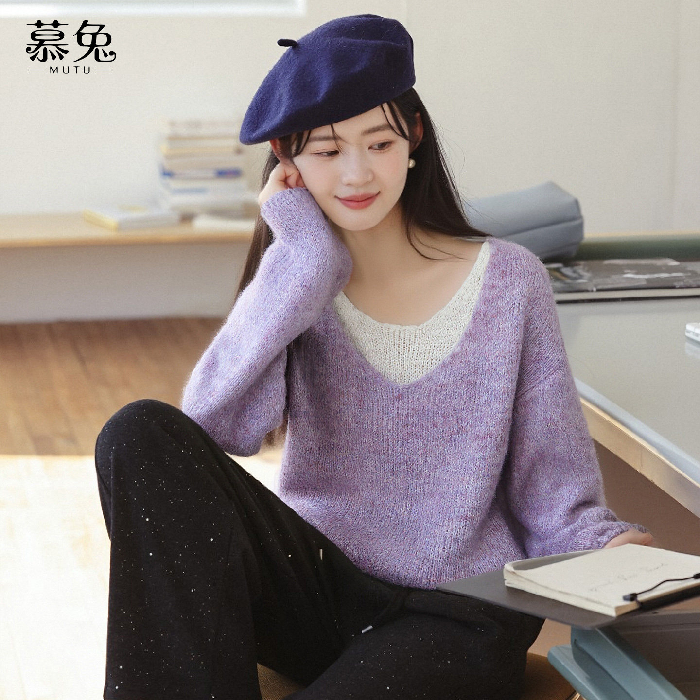 慕兔甜美拼接撞色假两件毛衣女2025冬季新款慵懒风宽松针织衫上衣,女装/女士精品,毛衣,淘宝优惠券,粉丝福利购,淘宝优惠卷