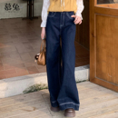 小个子高腰显瘦阔腿长裤 新款 子 女2025秋季 慕兔港风复古水洗牛仔裤