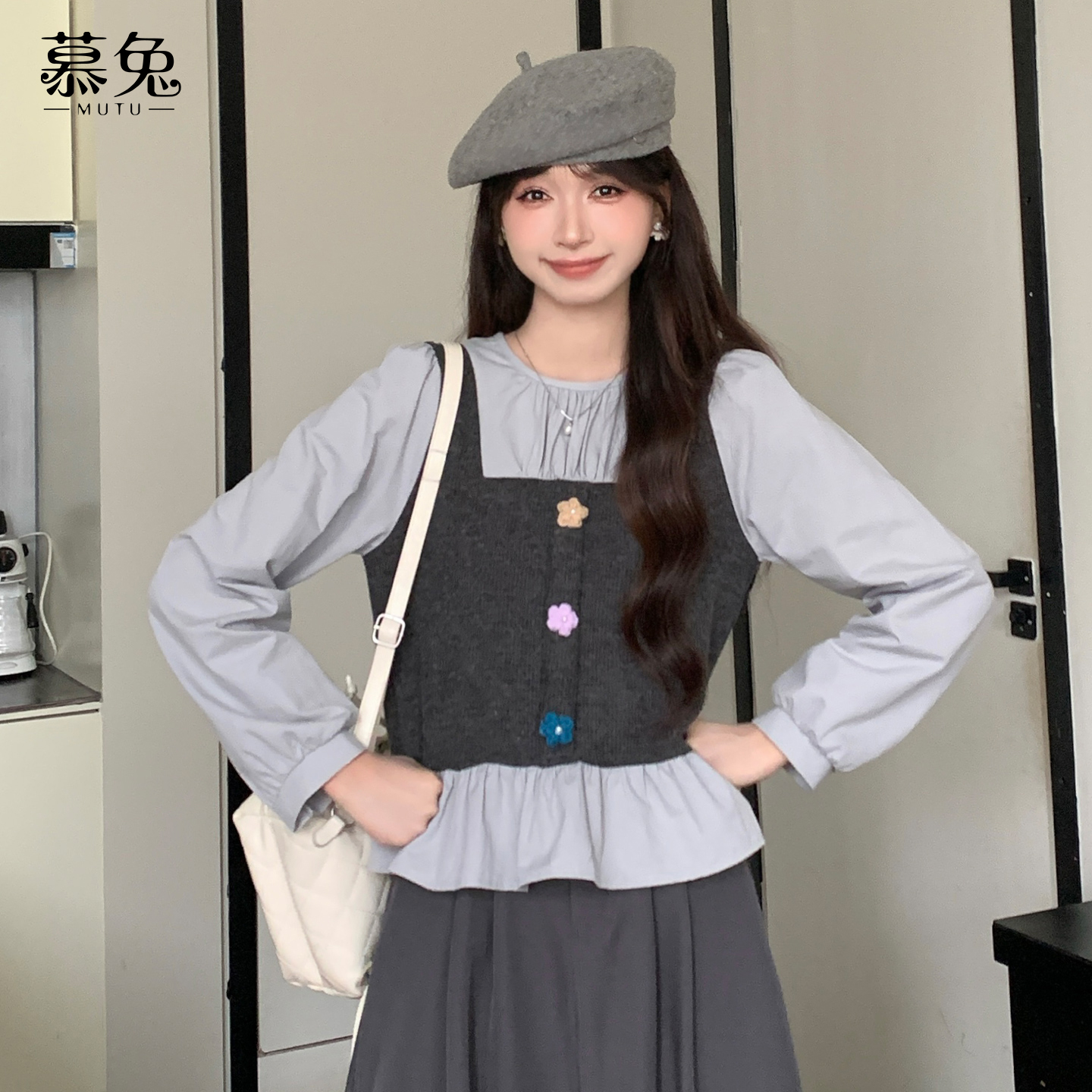 慕兔韩系拼接假两件衬衫上衣