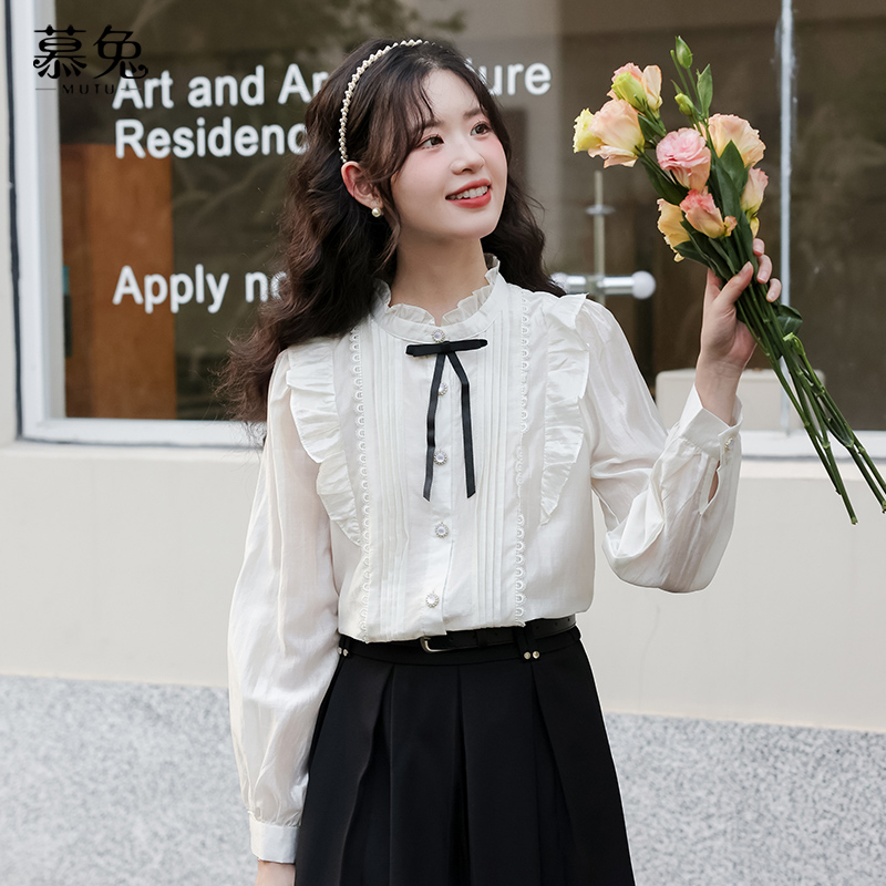 慕兔法式荷叶边宽松长袖衬衫