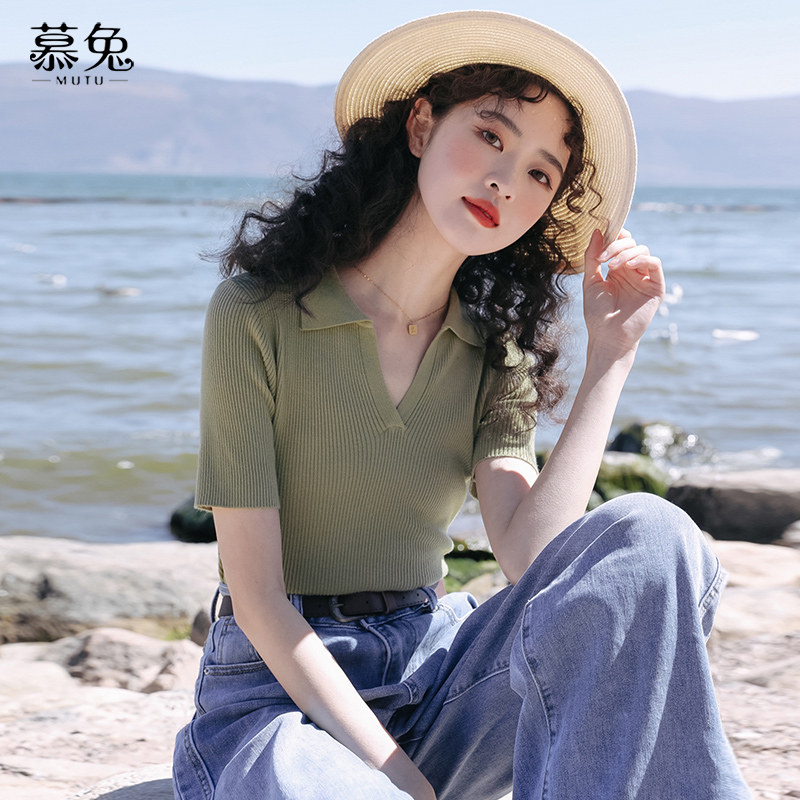 慕兔V领套头修身针织衫